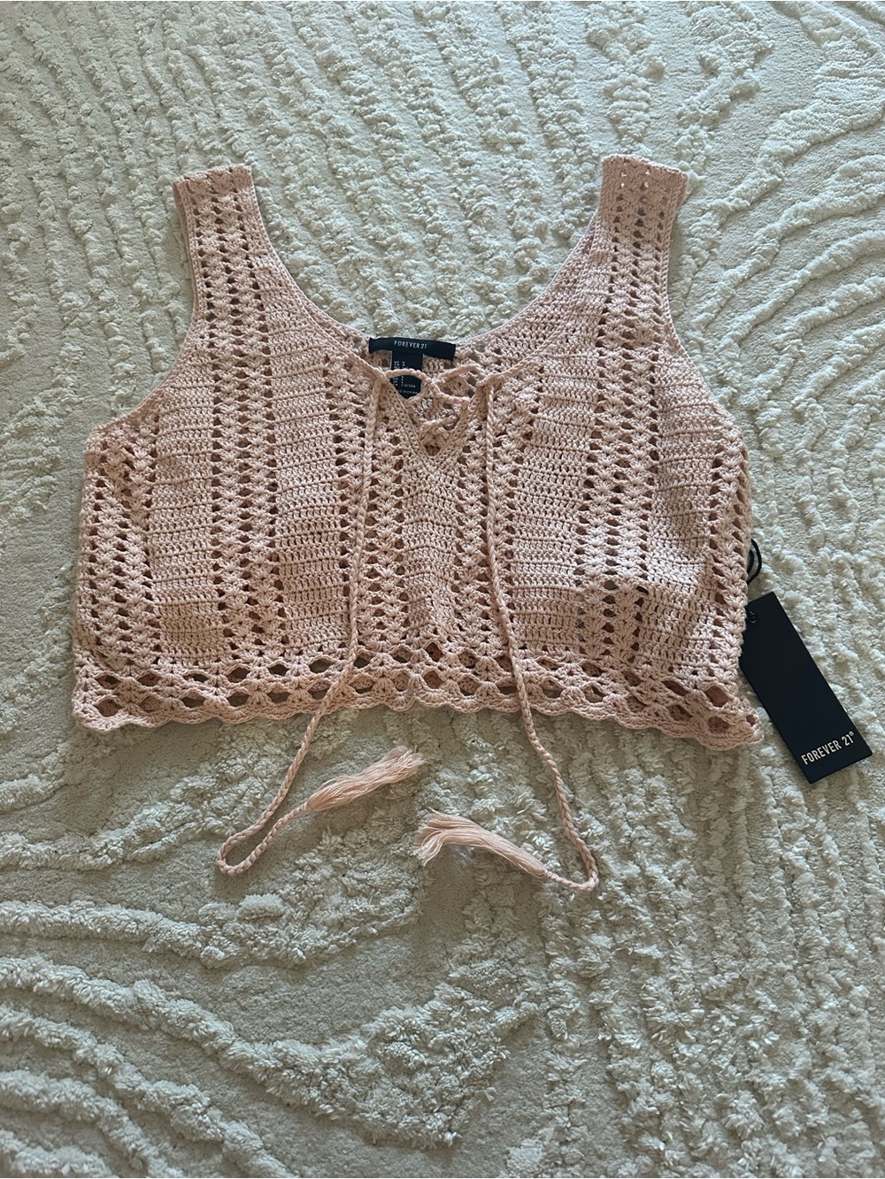 Forever 21 Light Blush Crochet Lace-Up Crop Tank